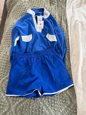 Blue Two-Piece Athletic Set with White Trim